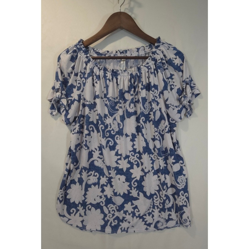 Perseption Concept Off-Shoulder Blouse Blue and White Floral Size M